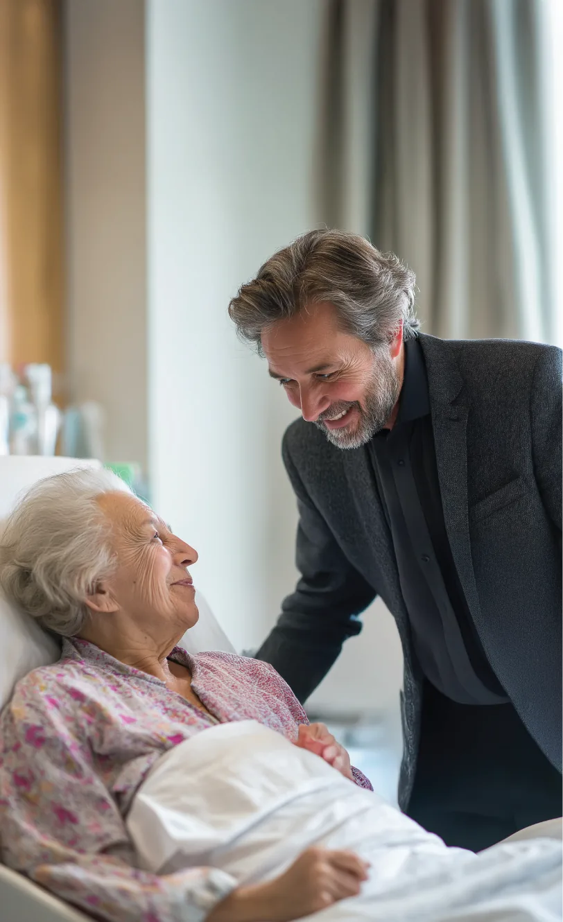 Pastor visiting an elderly woman in a hospital, smiling warmly as he leans in to speak with her.