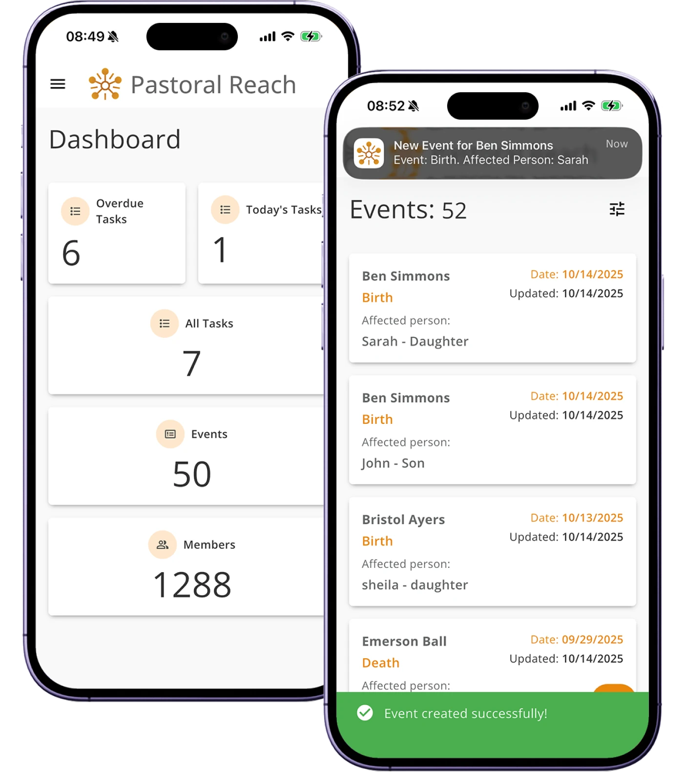 Three mobile screens showing the event list, task detail, and member contact views in the Pastoral Reach iOS app.