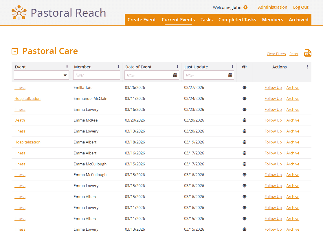 Pastoral Reach dashboard showing a list of active care events, assigned tasks, and a new hospitalization event notification for Emma Newman.
