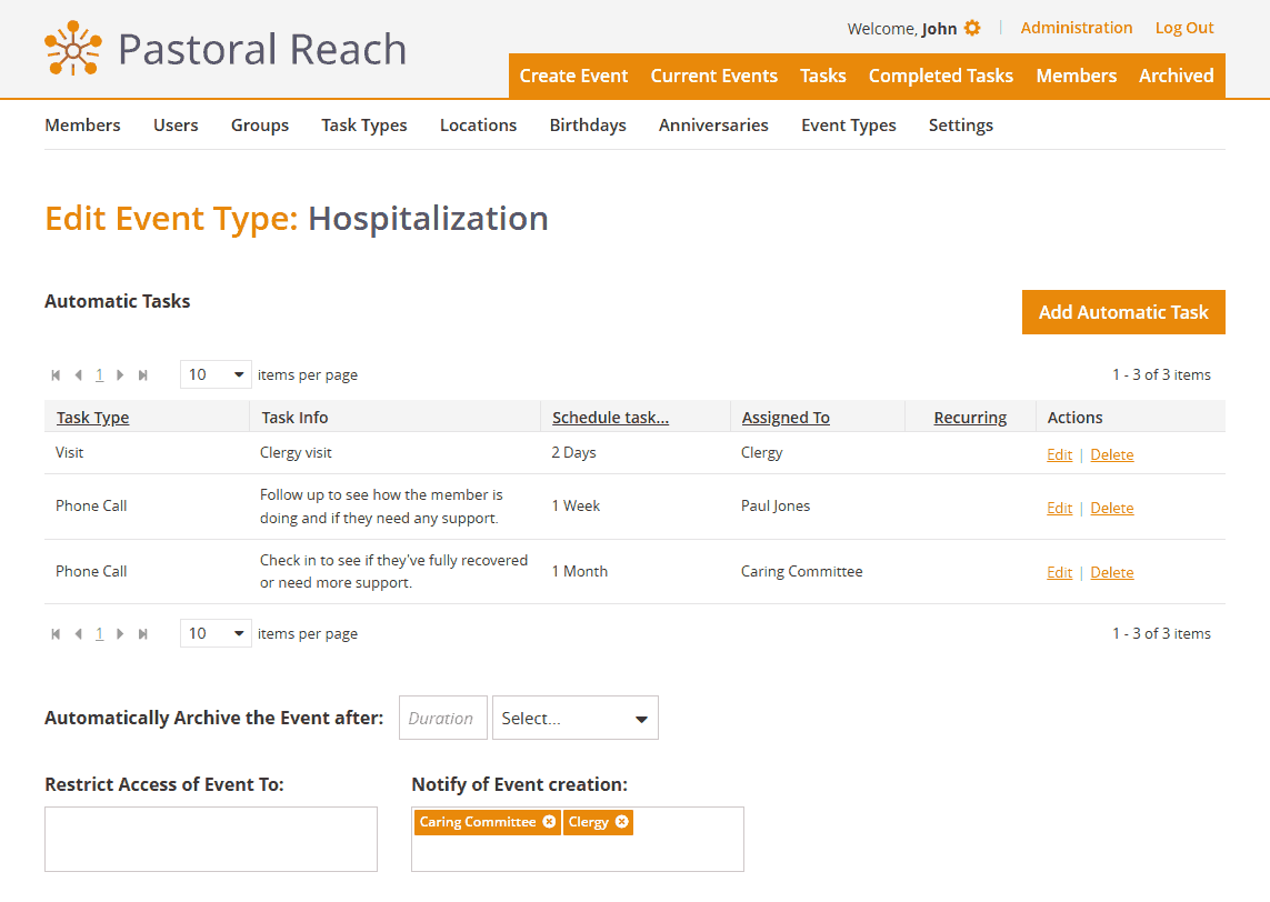 Workflow builder interface showing a hospitalization event type with a list of auto-assigned tasks and scheduled follow-ups"